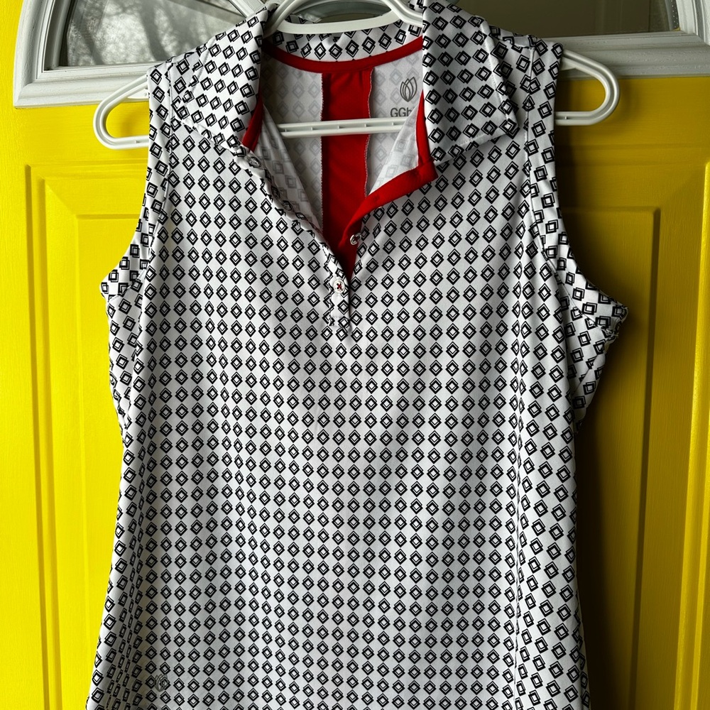 GG blue Sleeveless White Golf Top with Black Geo Print and Red Trim